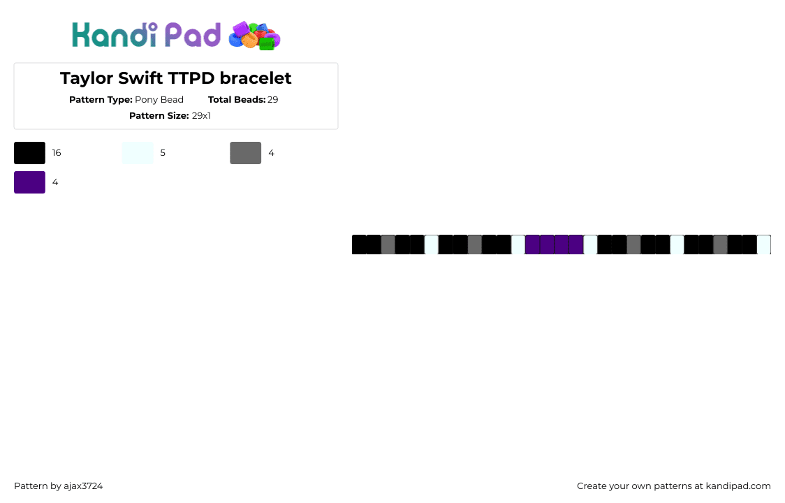 Taylor Swift TTPD bracelet - Pony Bead Pattern by ajax3724 on Kandi Pad - ttpd,taylor swift,album,music,single,bracelet,black,gray,purple