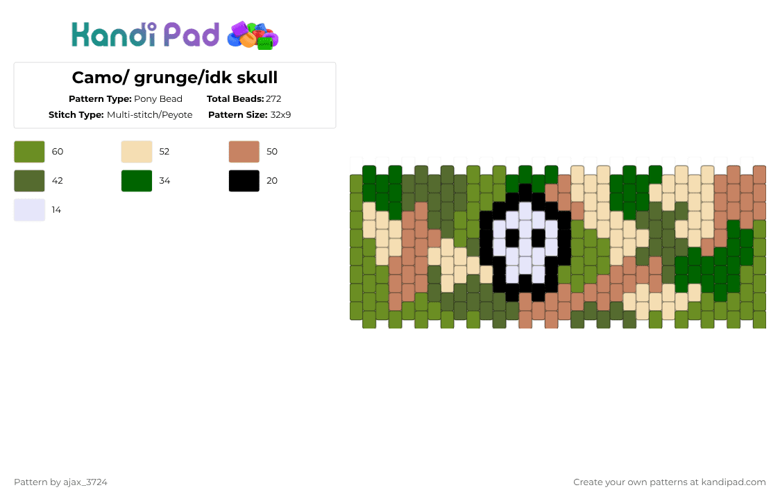 Camo/ grunge/idk skull - Pony Bead Pattern by ajax_05072 on Kandi Pad - camo, cotdgrunge, green, i tried, skull