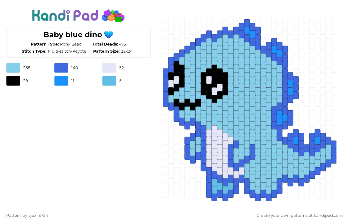 Baby blue dino 💙 - Pony Bead Pattern by ajax_3724 on Kandi Pad - dinosaur,cute,charm,prehistoric,dino,animal,baby,creature,blue,light blue