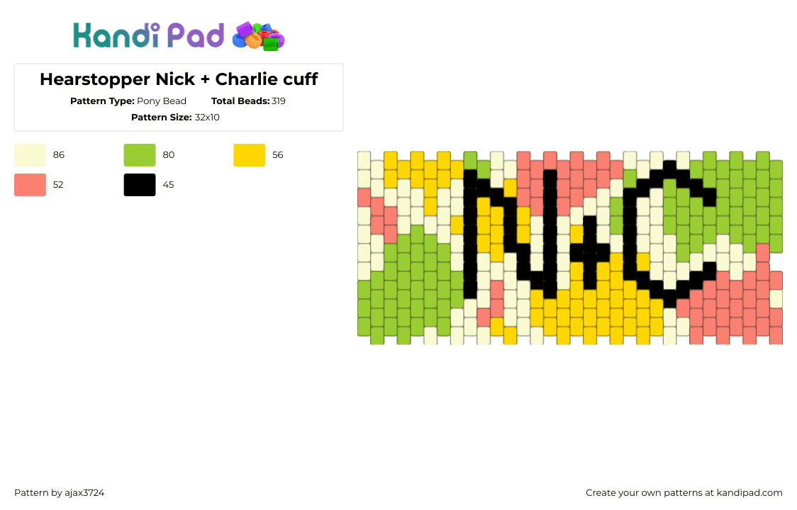 Hearstopper Nick + Charlie cuff - Pony Bead Pattern by ajax3724 on Kandi Pad - heartstopper,pastel,spots,tv show,cuff,green,yellow