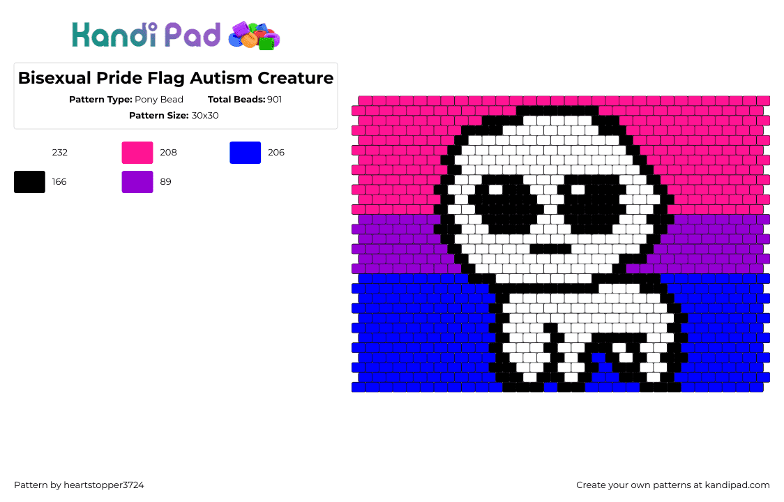 Bisexual Pride Flag Autism Creature - Pony Bead Pattern by heartstopper3724 on Kandi Pad - autism,bisexual,pride,creature,flag,neon,white,pink,purple,blue