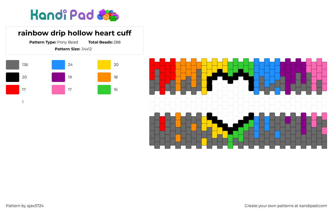 rainbow drip hollow heart cuff - Pony Bead Pattern by ajax3724 on Kandi Pad - drippy,rainbow,heart,melting,cuff,gray