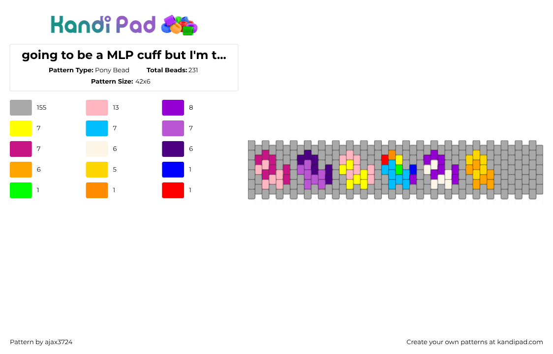 going to be a MLP cuff but I\'m taking a break - Pony Bead Pattern by ajax3724 on Kandi Pad - mlp,my little pony,cuff,colorful,gray