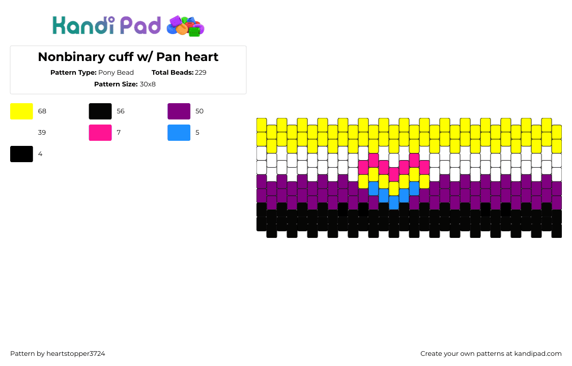 Nonbinary cuff w/ Pan heart - Pony Bead Pattern by heartstopper3724 on Kandi Pad - nonbinary,pansexual,pride,community,support,cuff,heart,yellow,purple