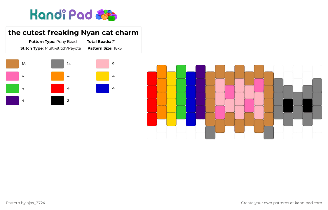 the cutest freaking Nyan cat charm - Pony Bead Pattern by ajax_3724 on Kandi Pad - gray,orange,pink