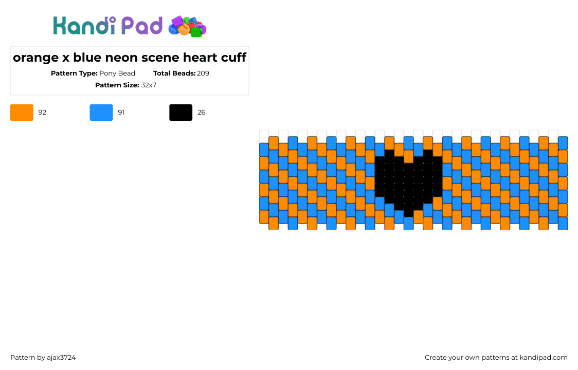 orange x blue neon scene heart cuff - Pony Bead Pattern by ajax3724 on Kandi Pad - scene,heart,diagonal,stripes,neon,cuff,blue,orange,black