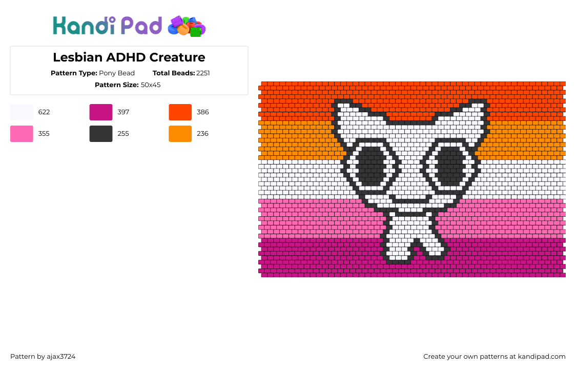 Lesbian ADHD Creature - Pony Bead Pattern by ajax3724 on Kandi Pad - lesbian,adhd,pride,creature,community,flag,pink,orange,white