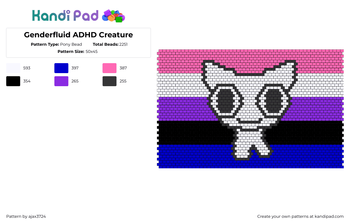 Genderfluid ADHD Creature - Pony Bead Pattern by ajax3724 on Kandi Pad - genderfluid,adhd,pride,creature,community,flag,pink,purple,blue,white