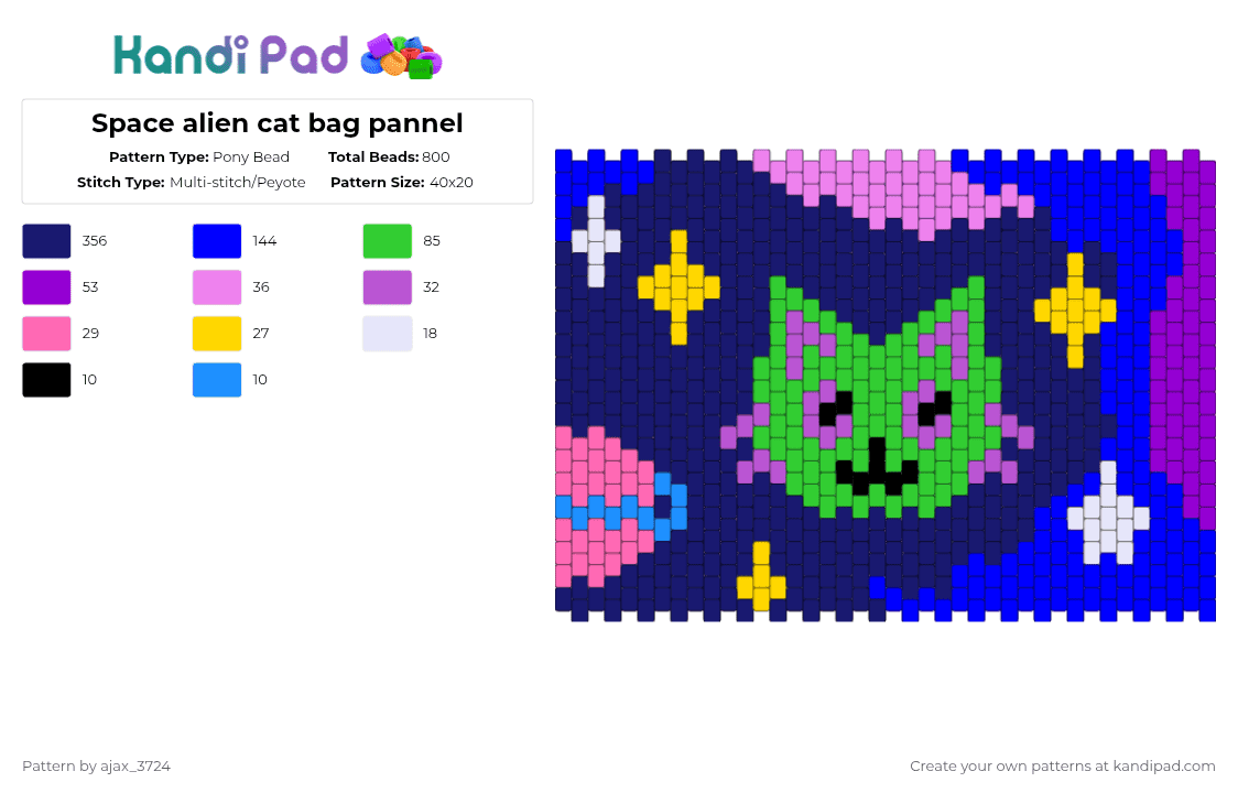 Space alien cat bag pannel - Pony Bead Pattern by ajax_3724 on Kandi Pad - purple,cat,space,alien,bag,ajax3724
