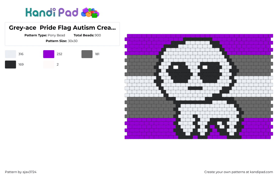 Grey-ace  Pride Flag Autism Creature - Pony Bead Pattern by ajax3724 on Kandi Pad - greyace,yippee,autism,pride,creature,panel,white,gray,purple