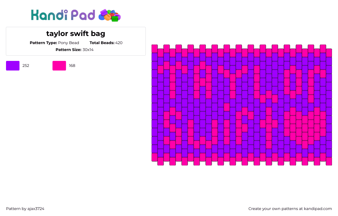 taylor swift bag - Pony Bead Pattern by ajax3724 on Kandi Pad - taylor swift,text,bag,panel,music,pink,purple