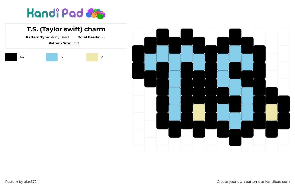 T.S. (Taylor swift) charm - Pony Bead Pattern by ajax_3724 on Kandi Pad - black,light blue