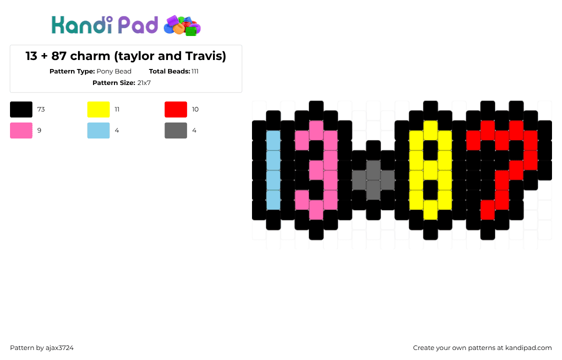 13 + 87 charm (taylor and Travis) - Pony Bead Pattern by ajax_3724 on Kandi Pad - black,pink,yellow,red