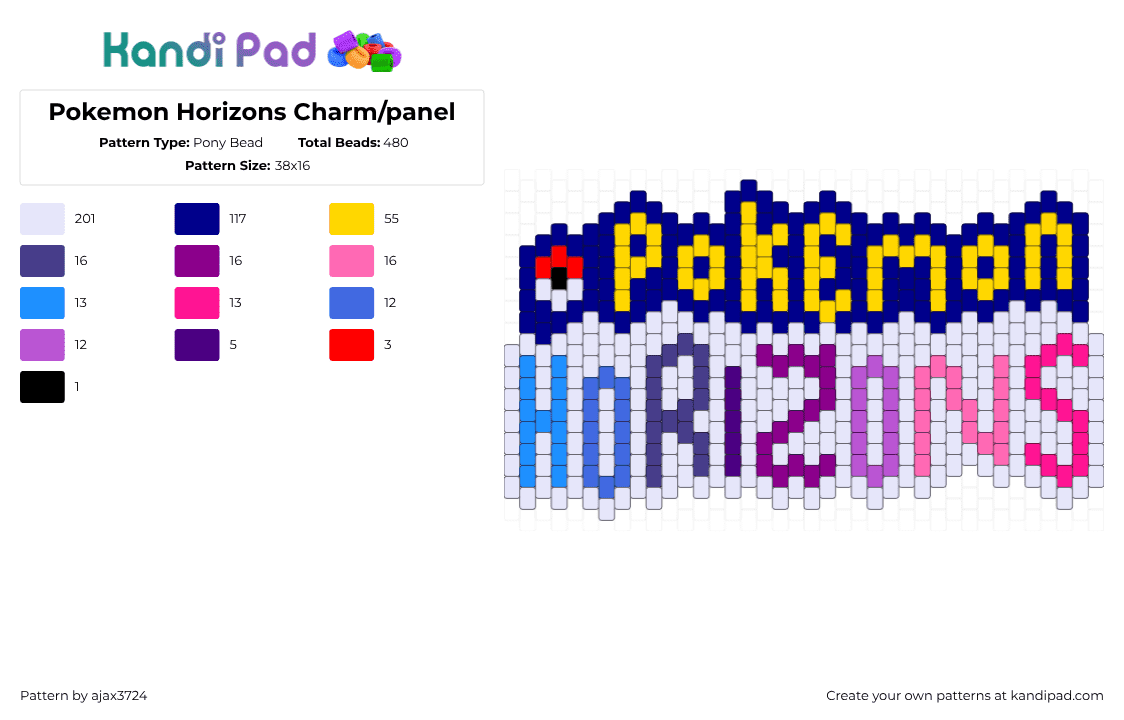 Pokemon Horizons Charm/panel - Pony Bead Pattern by ajax_3724 on Kandi Pad - white,purple,pink,yellow