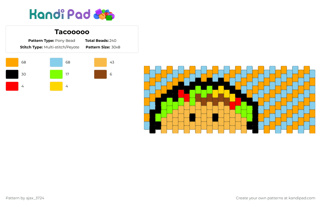 Tacooooo - Pony Bead Pattern by ajax_3724 on Kandi Pad - taco,cuff,diagonal,stripes,food,meal,orange,light blue,cotdtaco,yummy
