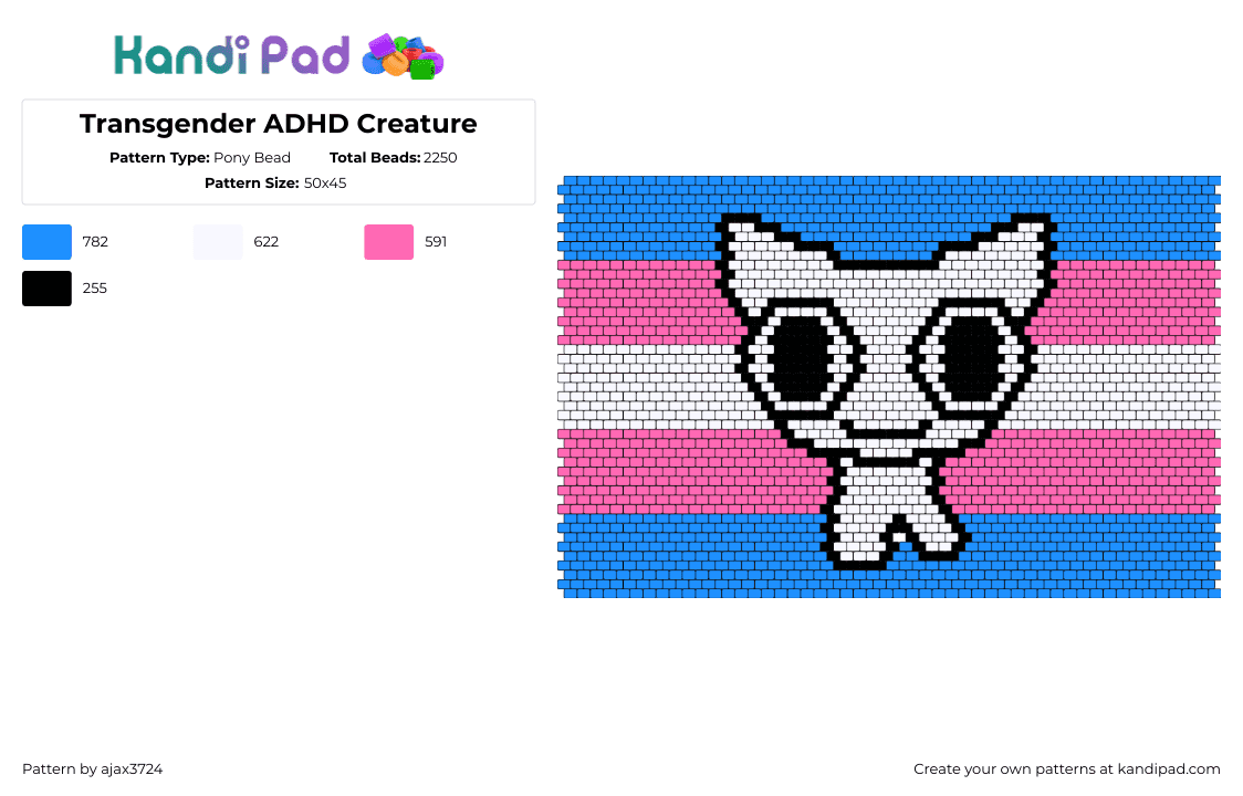 Transgender ADHD Creature - Pony Bead Pattern by ajax3724 on Kandi Pad - transgender,adhd,pride,creature,community,flag,pink,light blue,white