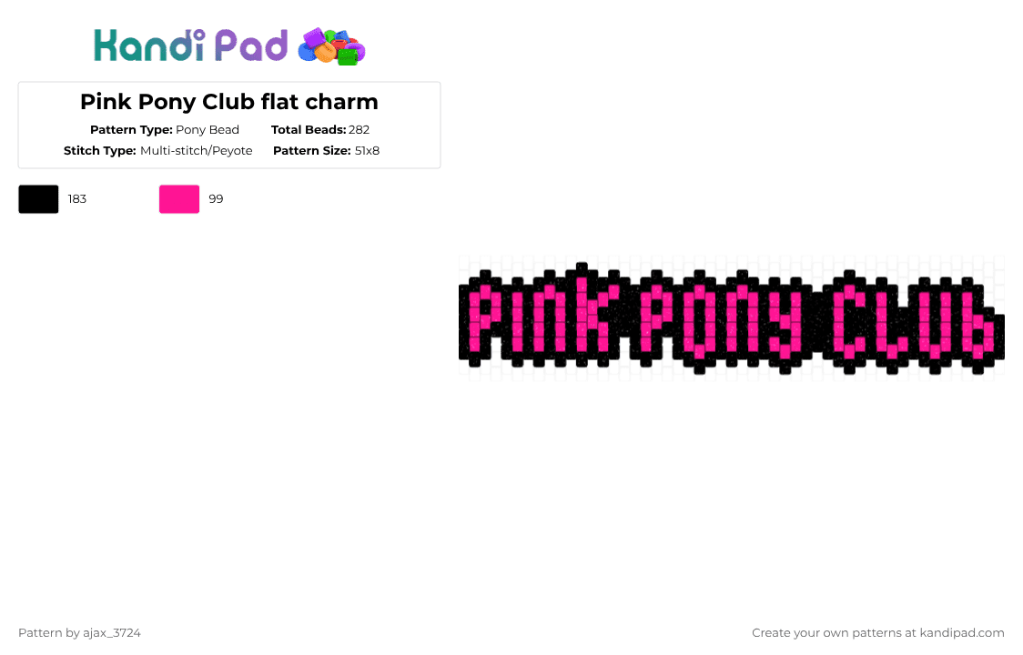 Pink Pony Club flat charm - Pony Bead Pattern by ajax_3724 on Kandi Pad - pink,black