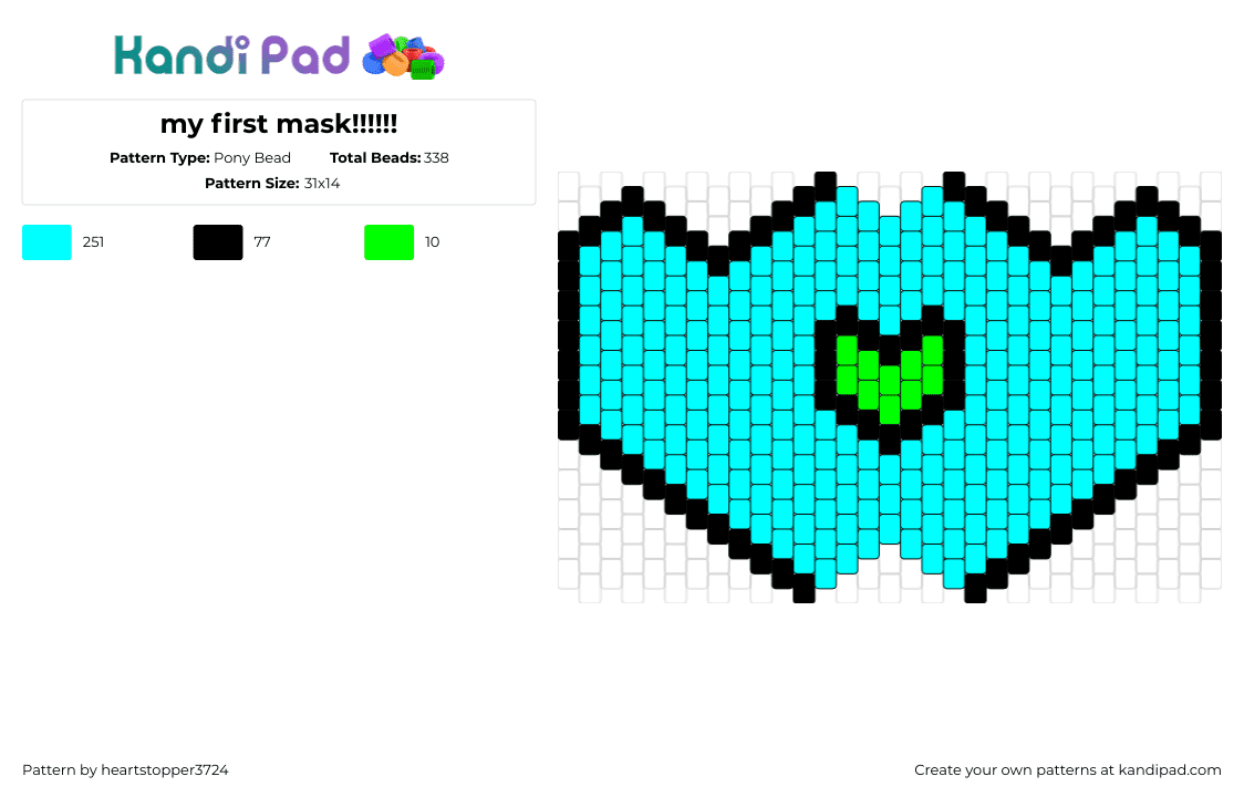 my first mask!!!!!! - Pony Bead Pattern by ajax3724 on Kandi Pad - heart,simple,mask,teal,green