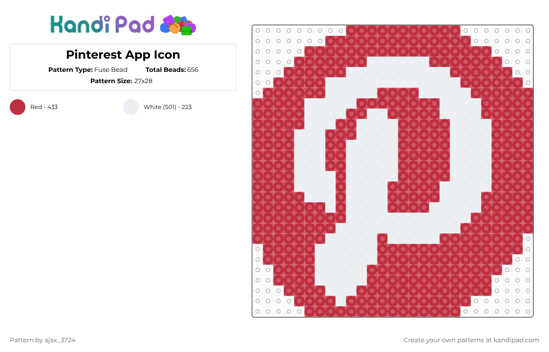 Pinterest App Icon - Fuse Bead Pattern by ajax_3724 on Kandi Pad - white,red
