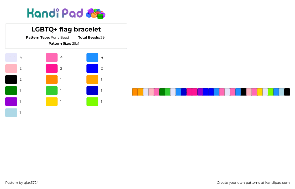 LGBTQ+ flag bracelet - Pony Bead Pattern by ajax_3724 on Kandi Pad - pink,light blue,purple