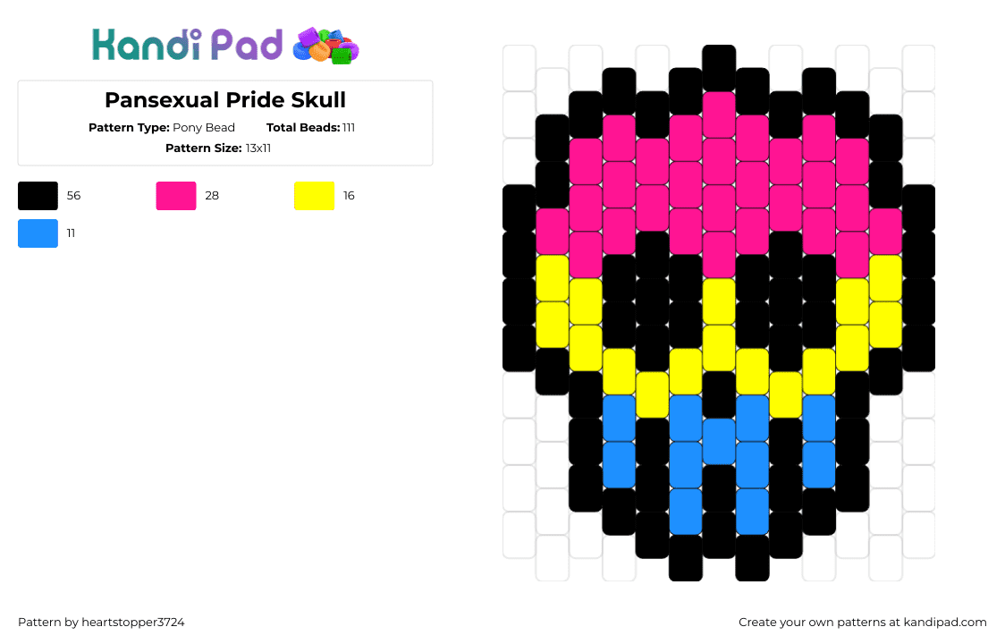 Pansexual Pride Skull - Pony Bead Pattern by heartstopper3724 on Kandi Pad - skul,pansexual,pride,spooky,pink,yellow,blue