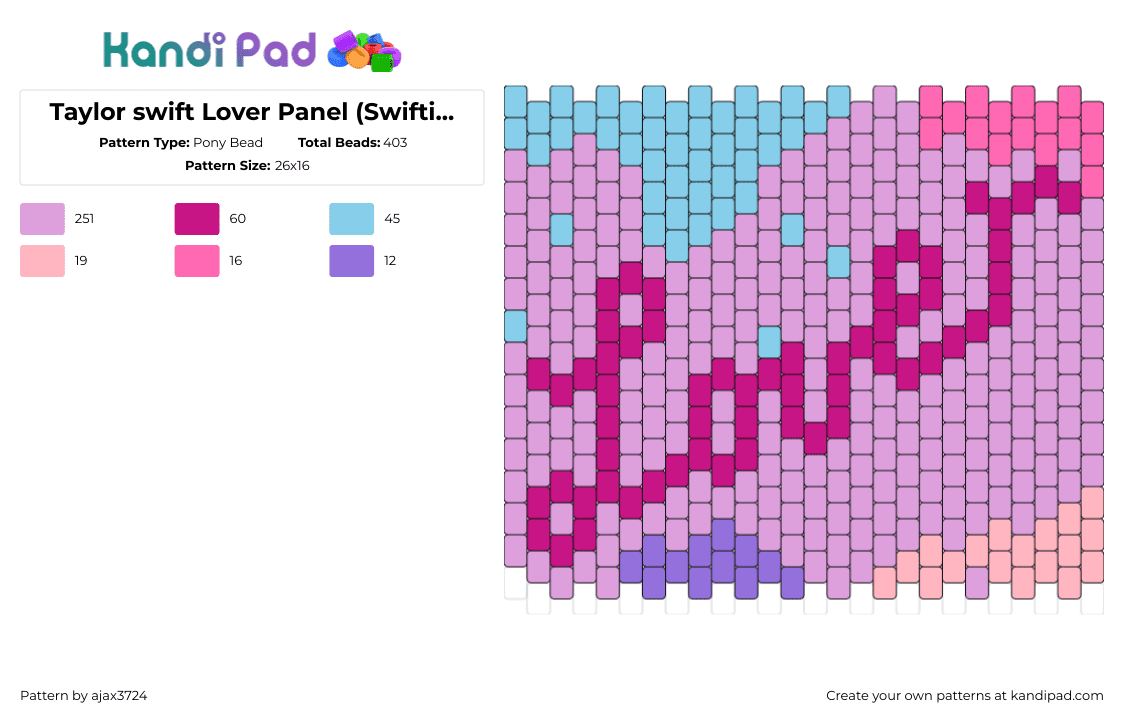 Taylor swift Lover Panel (Swifties 4eva) - Pony Bead Pattern by ajax3724 on Kandi Pad - taylor swift,lover,album,music,panel,text,pink