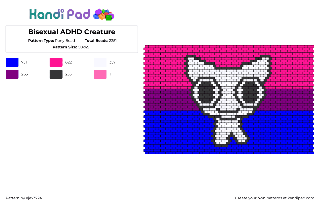 Bisexual ADHD Creature - Pony Bead Pattern by ajax3724 on Kandi Pad - bisexual,adhd,pride,creature,pink,blue,white