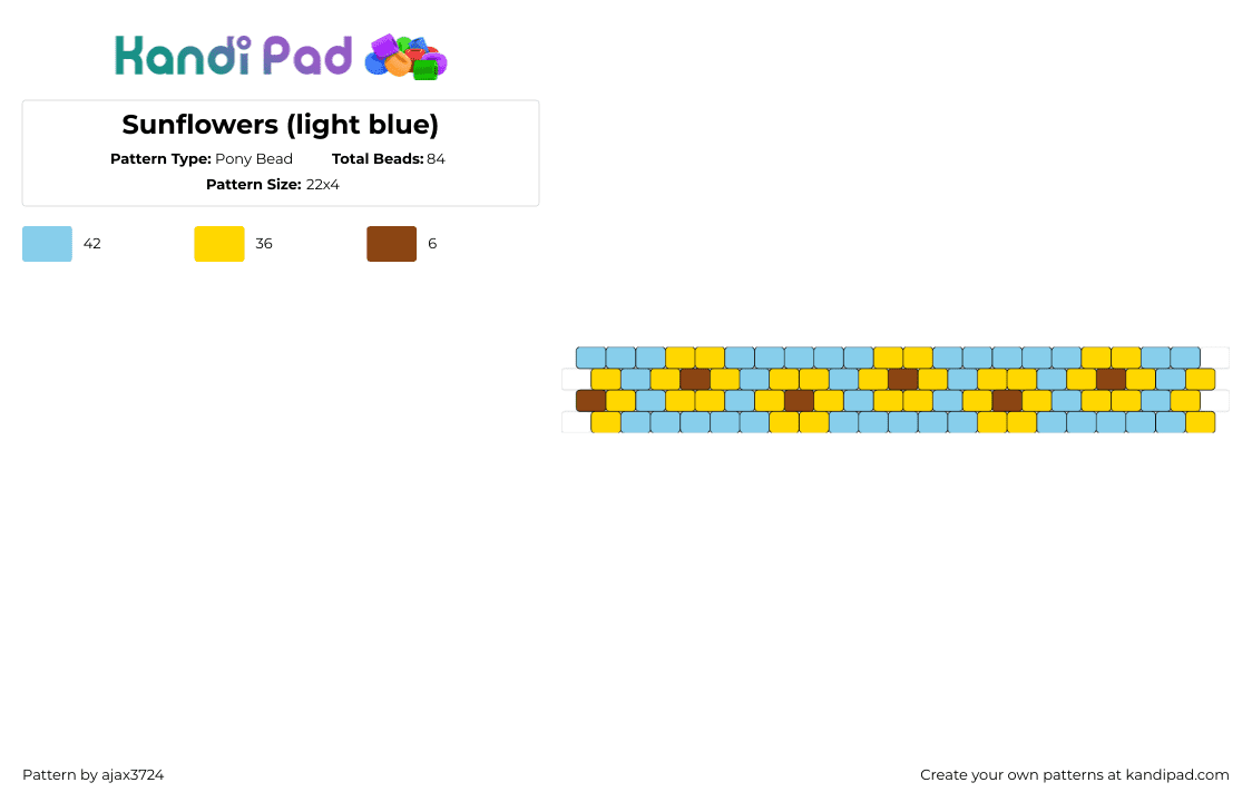 Sunflowers (light blue) - Pony Bead Pattern by ajax3724 on Kandi Pad - sunflowers,spring,nature,repeating,bracelet,cuff,light blue,yellow