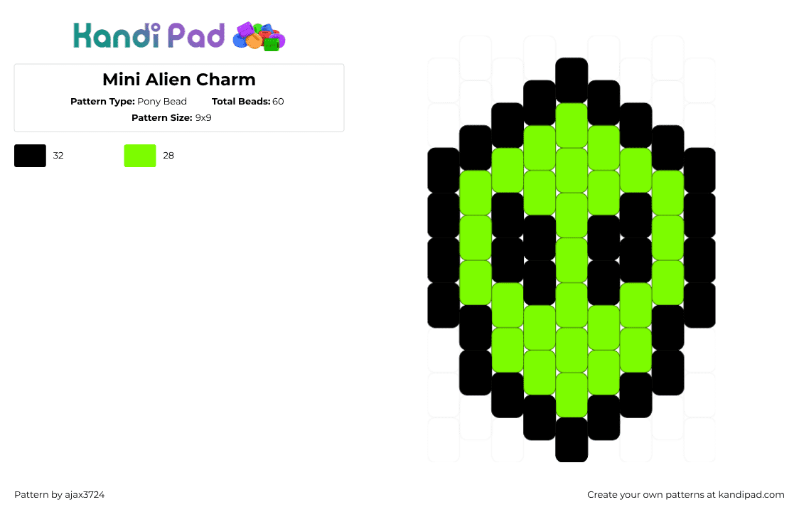 Mini Alien Charm - Pony Bead Pattern by ajax3724 on Kandi Pad - black,green