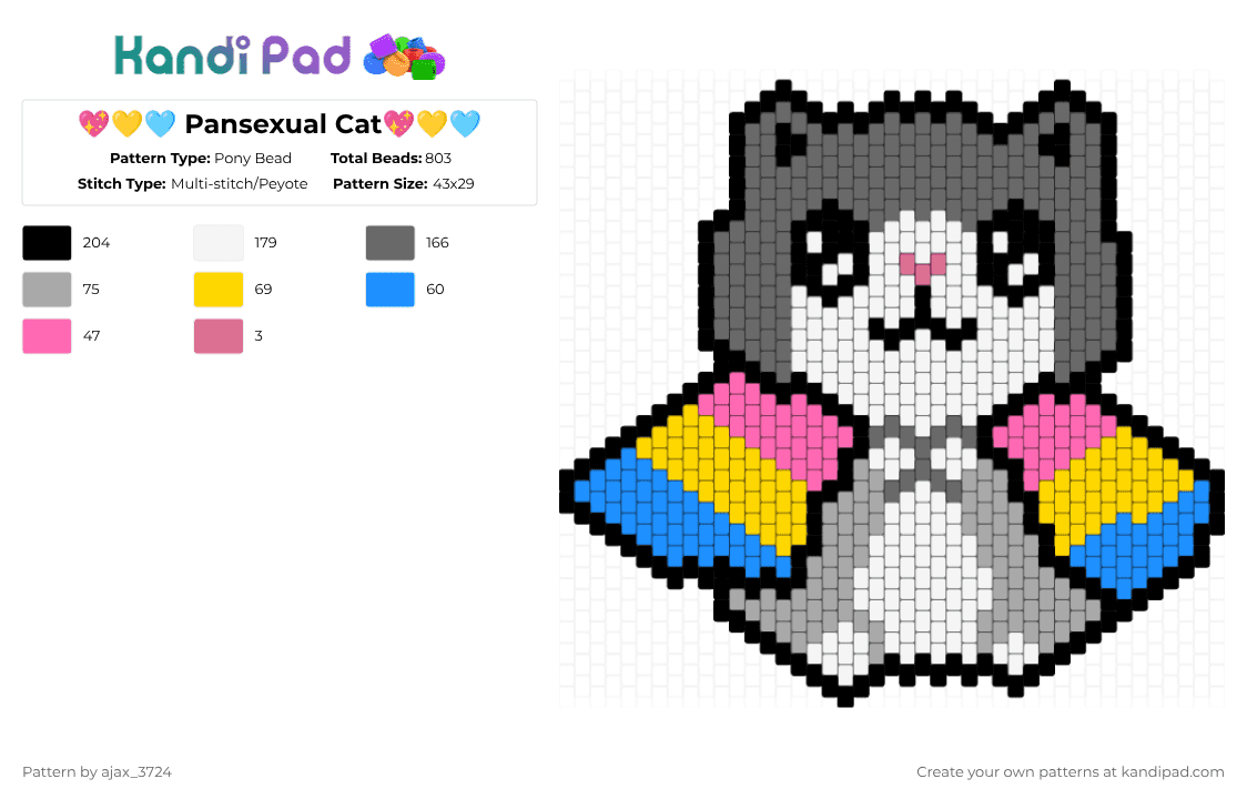 💖💛🩵 Pansexual Cat💖💛🩵 - Pony Bead Pattern by ajax_05072 on Kandi Pad - gray,love,pansexual,pride,cat,lgbtq,animal