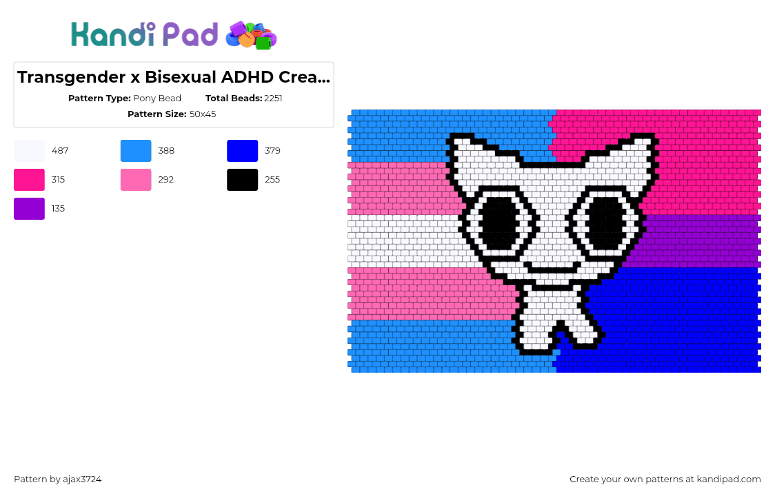 Transgender x Bisexual ADHD Creature - Pony Bead Pattern by ajax3724 on Kandi Pad - transgender,bisexual,tbh,adhd,creature,pride,pink,blue,light blue,white