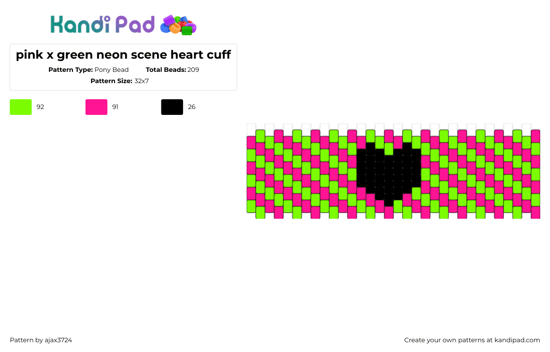 pink x green neon scene heart cuff - Pony Bead Pattern by ajax3724 on Kandi Pad - scene,neon,heart,diagonal,stripes,cuff,pink,green,black