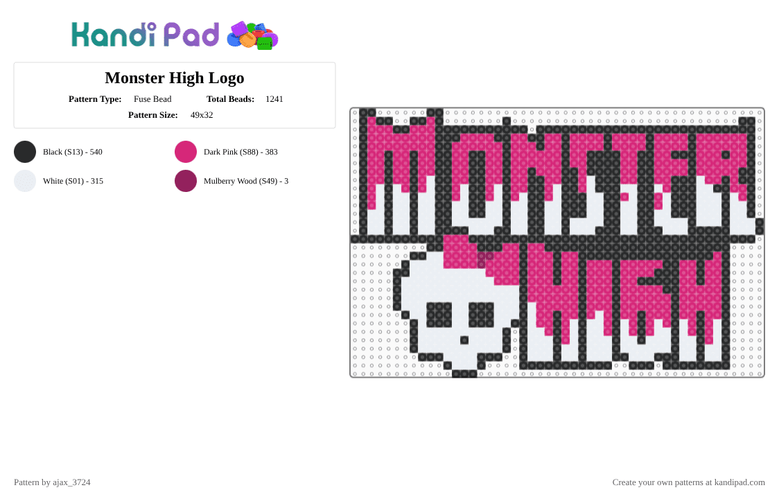 Monster High Logo - Fuse Bead Pattern by ajax_3724 on Kandi Pad - white,pink,movie,series,monster high,oink,black