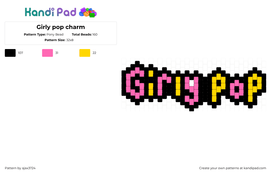 Girly pop charm - Pony Bead Pattern by ajax_3724 on Kandi Pad - black,pink,yellow