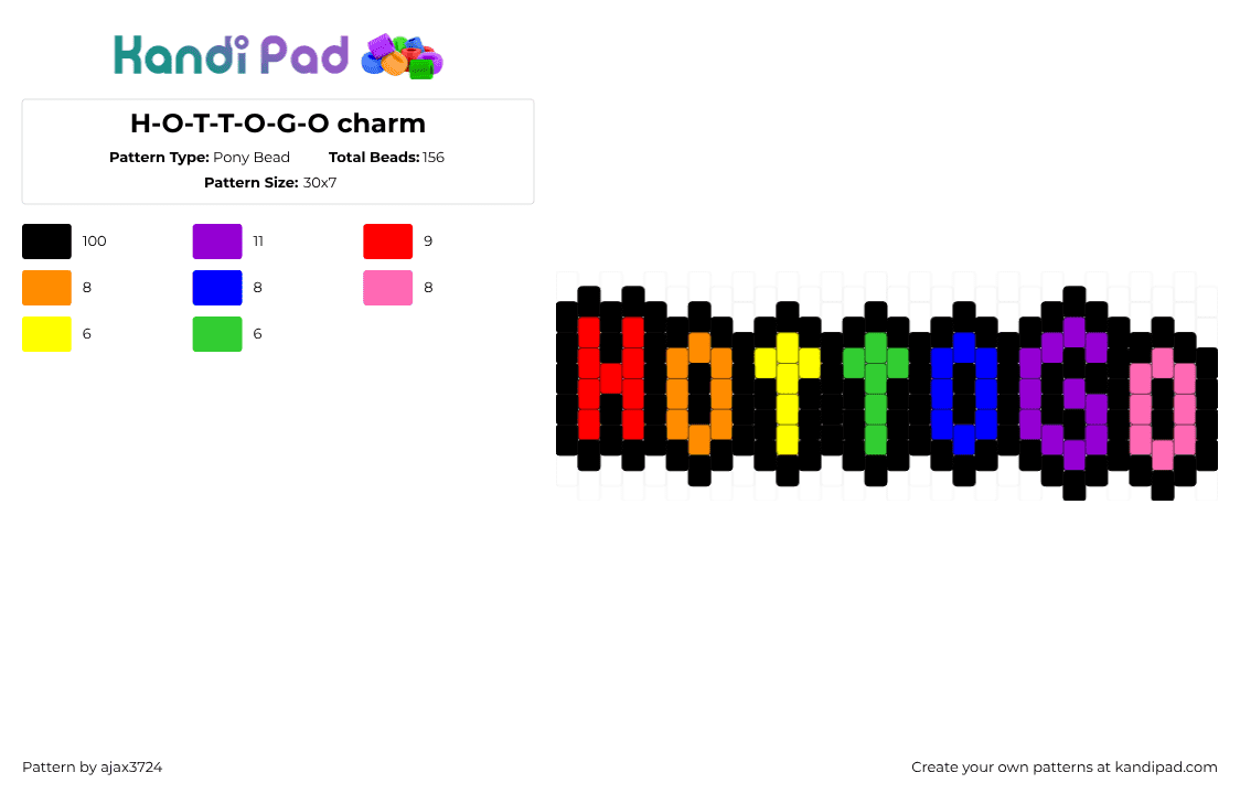 H-O-T-T-O-G-O charm - Pony Bead Pattern by ajax_3724 on Kandi Pad - black,red,purple