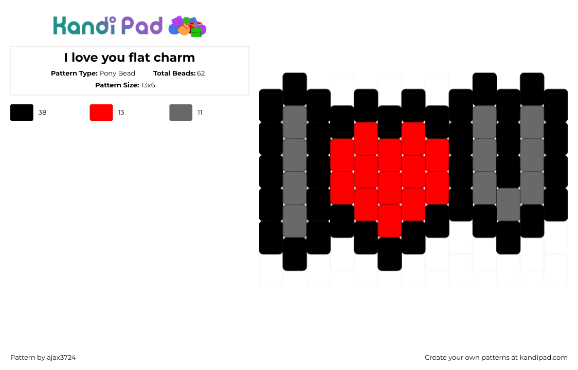 I love you flat charm - Pony Bead Pattern by ajax_3724 on Kandi Pad - red,gray