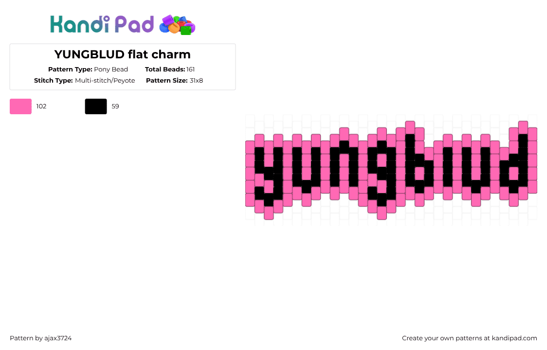 YUNGBLUD flat charm - Pony Bead Pattern by ajax_3724 on Kandi Pad - black,pink