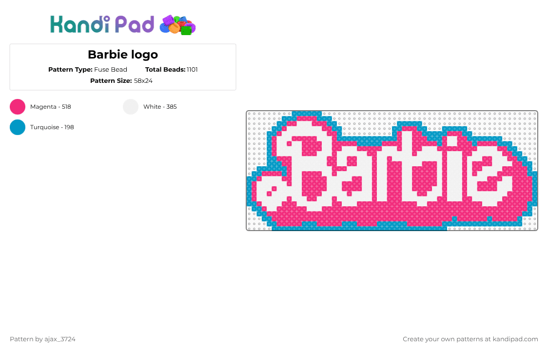 Barbie logo - Fuse Bead Pattern by ajax_3724 on Kandi Pad - pink,light blue