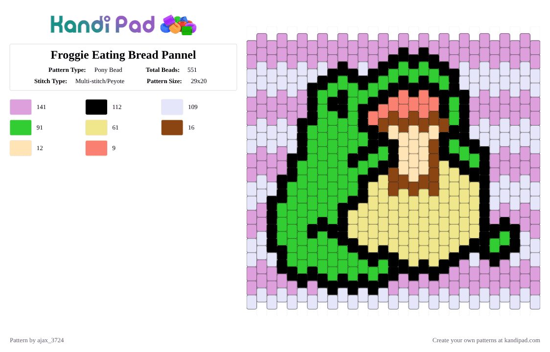 Froggie Eating Bread Pannel - Pony Bead Pattern by ajax_3724 on Kandi Pad - green,yellow,pink,froggie,forg,bread,purple