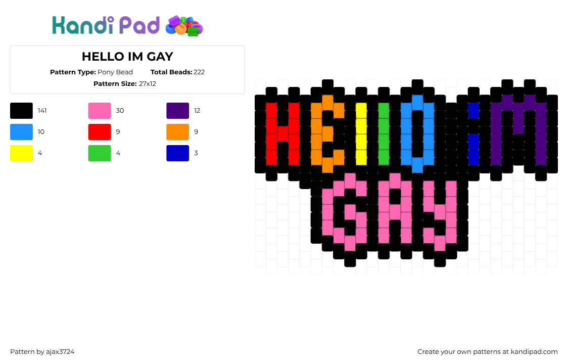 HELLO IM GAY - Pony Bead Pattern by ajax_3724 on Kandi Pad - black,purple,pink