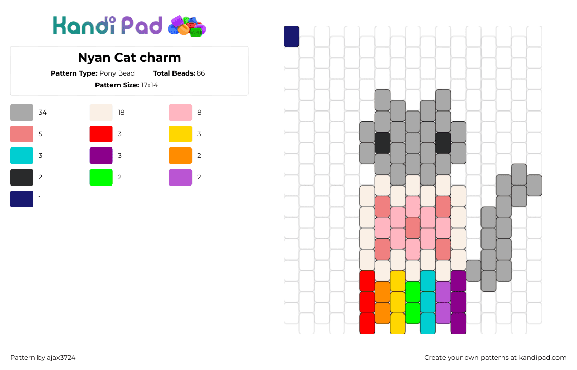 Nyan Cat charm - Pony Bead Pattern by ajax3724 on Kandi Pad - nyan cate,meme,poptart,charm,cute,colorful,gray,pink