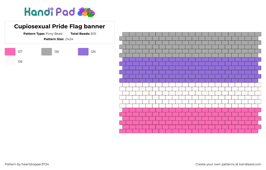 Cupiosexual Pride Flag banner - Pony Bead Pattern by heartstopper3724 on Kandi Pad - cupiosexual,pride,flag,panel,horizontal,stripes,gray,purple,white,pink