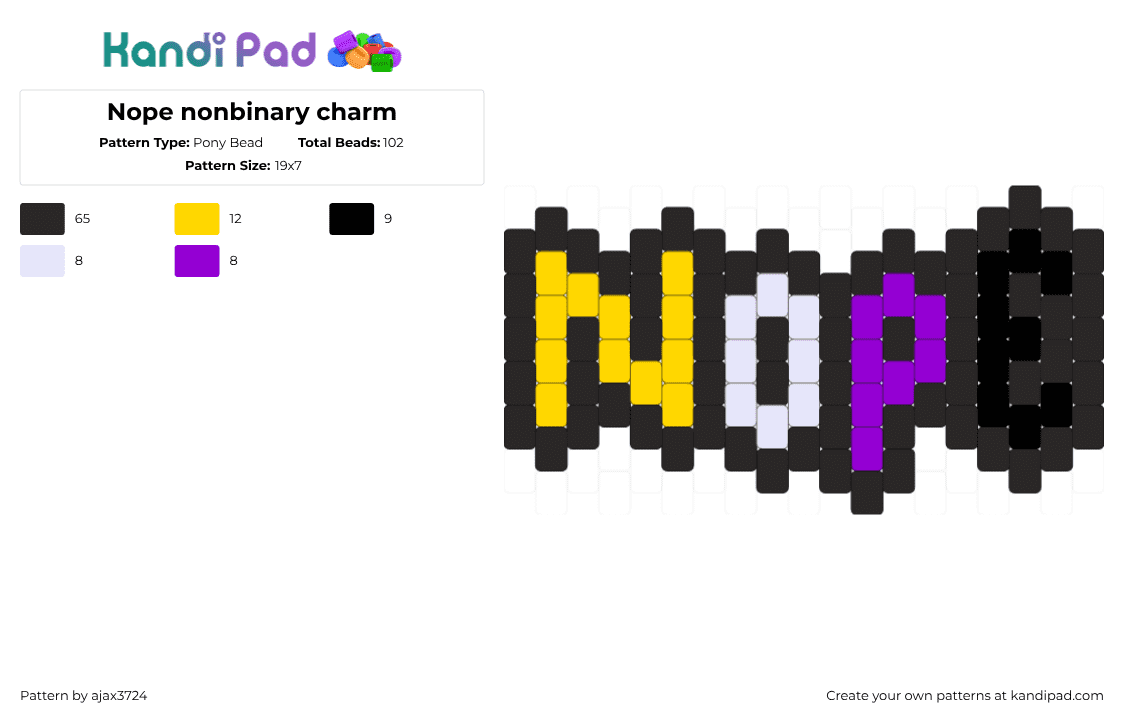 Nope nonbinary charm - Pony Bead Pattern by ajax_3724 on Kandi Pad - black,yellow,purple