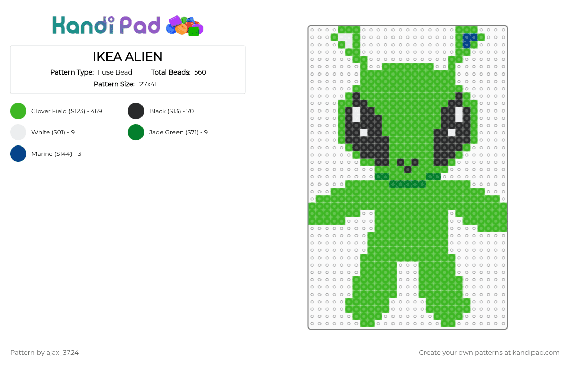 IKEA ALIEN - Fuse Bead Pattern by ajax_3724 on Kandi Pad - green,ikea,alien,space,stuffie,cute,adorable