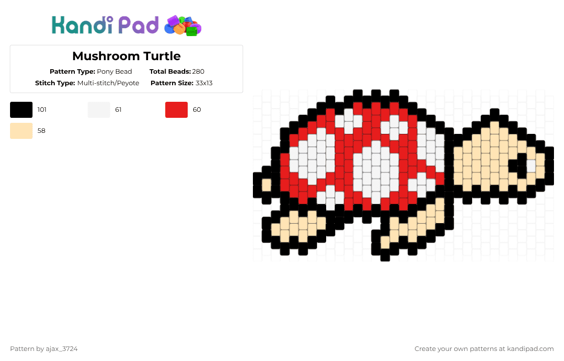 Mushroom Turtle - Pony Bead Pattern by ajax_3724 on Kandi Pad - turtle,charm,mushroom,animal,nature,beige,red