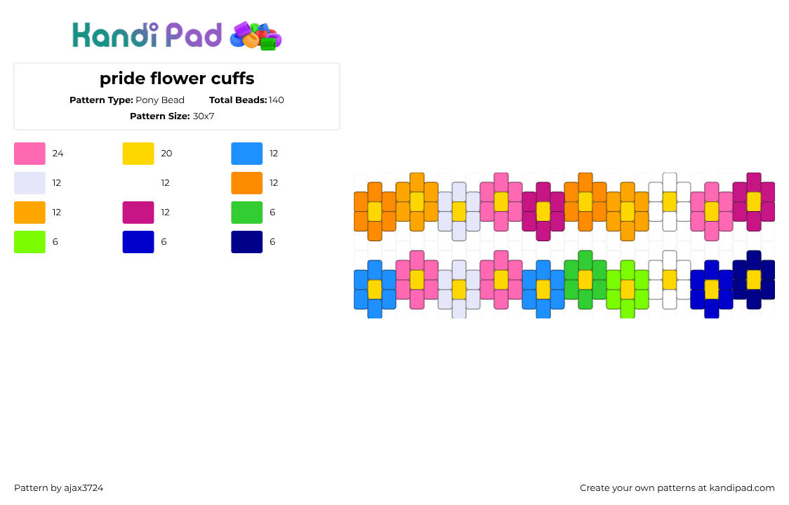 pride flower cuffs - Pony Bead Pattern by ajax_3724 on Kandi Pad - pink,yellow,orange
