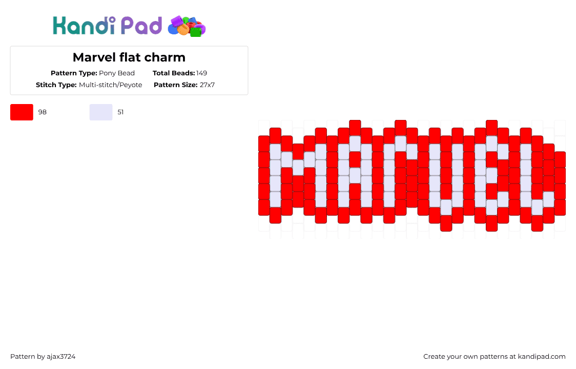 Marvel flat charm - Pony Bead Pattern by ajax_3724 on Kandi Pad - white,red
