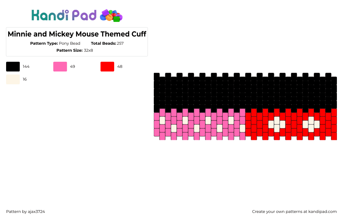 Minnie and Mickey Mouse Themed Cuff - Pony Bead Pattern by ajax3724 on Kandi Pad - minnie,mickey,mouse,disney,cartoon,cuff,mashup,black,pink,red