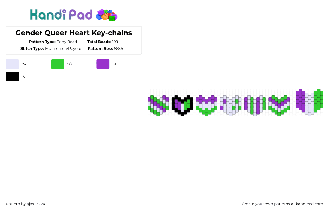 Gender Queer Heart Key-chains - Pony Bead Pattern by ajax_05072 on Kandi Pad - green,purple