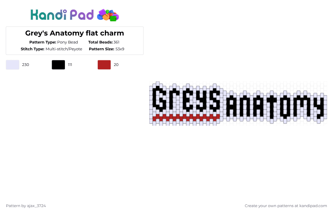 Grey\'s Anatomy flat charm - Pony Bead Pattern by ajax_05072 on Kandi Pad - white
